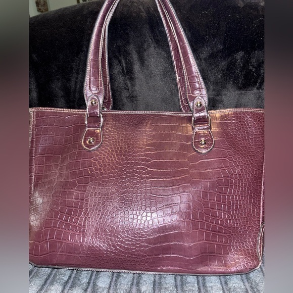 Croc embossed tote shoulder bag / laptop bag purse burgundy, Large - Picture 1 of 11